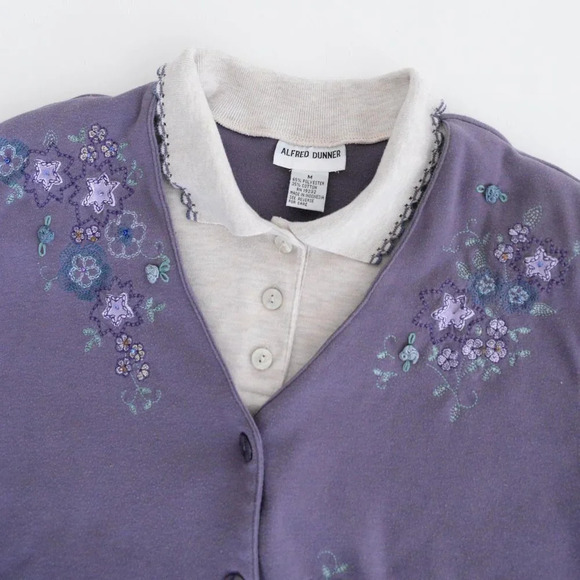 Vintage 90s Alfred Dunner Purple Embroidered Floral Collared Sweater M - Picture 10 of 10